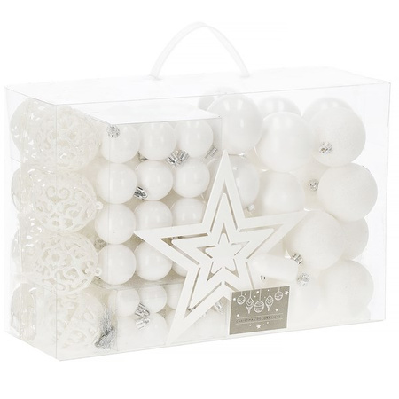 Boules de sapin de Noël en plastique 100 pièces avec pointe d'arbre, boules blanches