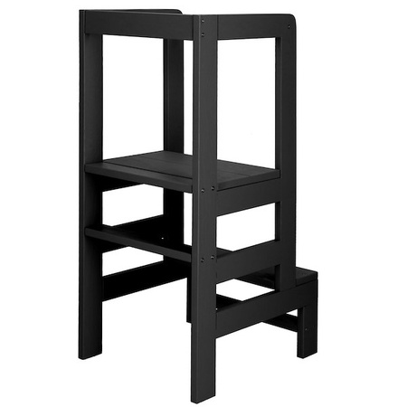 Tour d'apprentissage aide de cuisine pour tout-petits Plateforme 3 niveaux en bois massif en noir